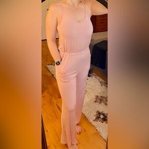 Womens Casual Loose V Neck Jumpsuits Blush Small